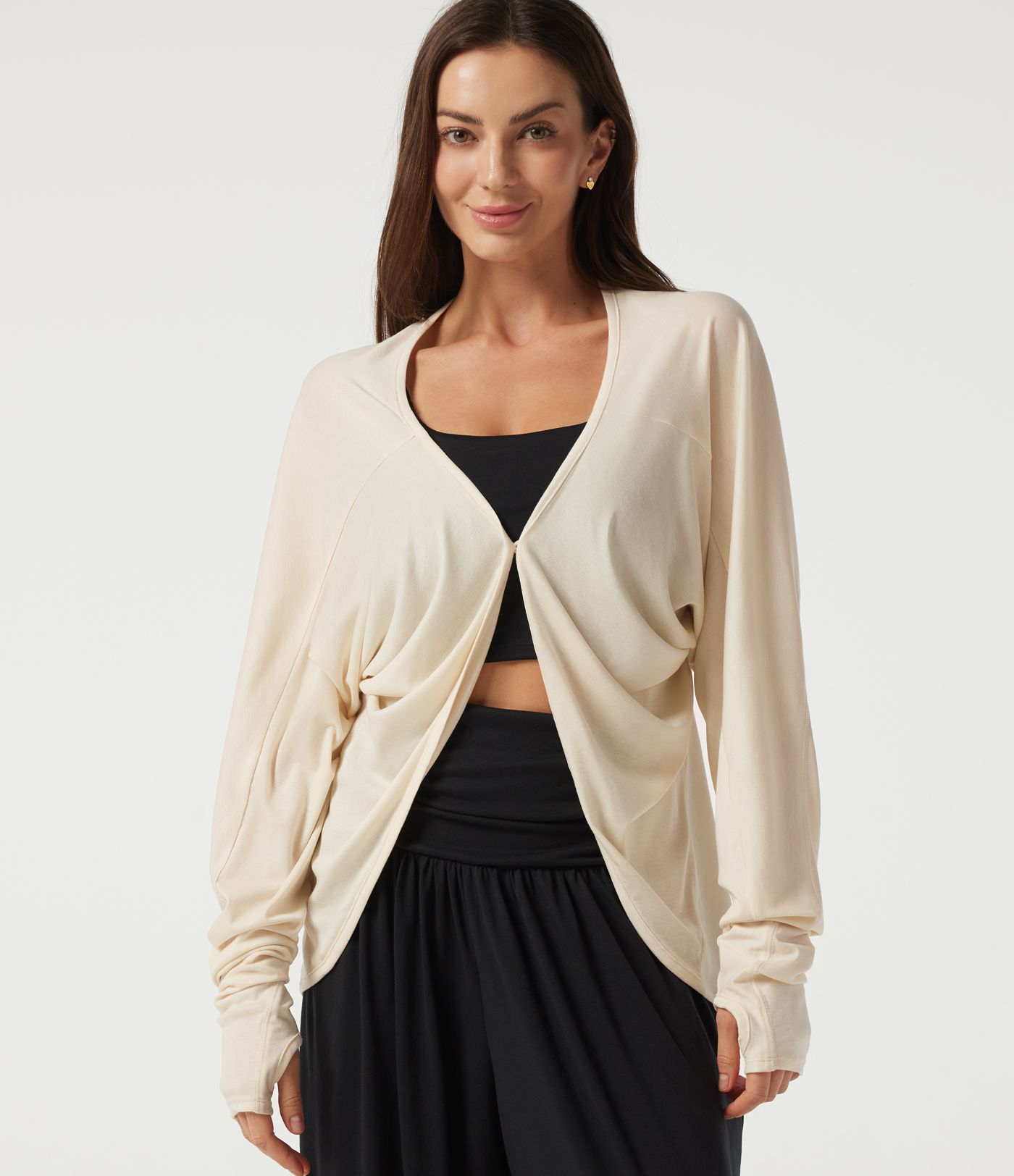 Lässige Strickjacke mit langen Fledermausärmeln und Daumenlöchern Lässige Strickjacke mit langen Fledermausärmeln und Daumenlöchern