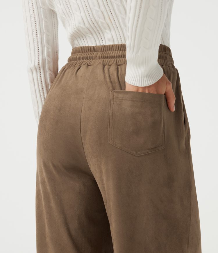 High Waisted Drawstring Wide Leg Suede Casual Pants with Pockets High Waisted Drawstring Wide Leg Suede Casual Pants with Pockets
