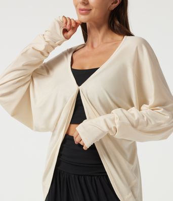 Lässige Strickjacke mit langen Fledermausärmeln und Daumenlöchern Lässige Strickjacke mit langen Fledermausärmeln und Daumenlöchern