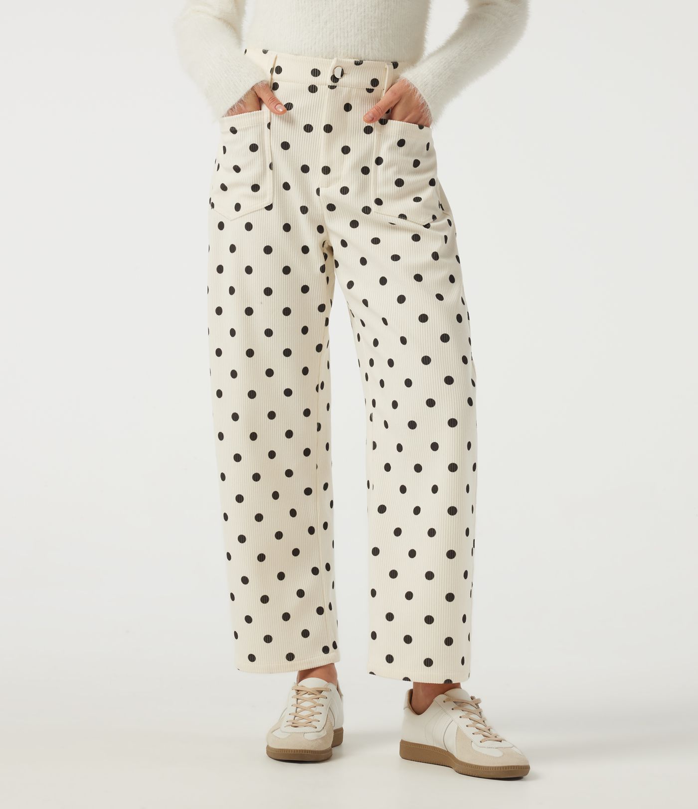 Mid Rise Barrel Leg Polka Dot Corduroy Casual Pants with Pockets Mid Rise Barrel Leg Polka Dot Corduroy Casual Pants with Pockets
