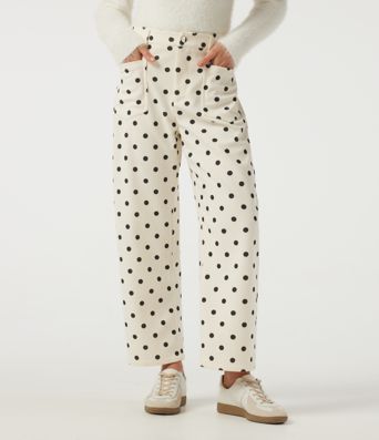 Mid Rise Barrel Leg Polka Dot Corduroy Casual Pants with Pockets Mid Rise Barrel Leg Polka Dot Corduroy Casual Pants with Pockets