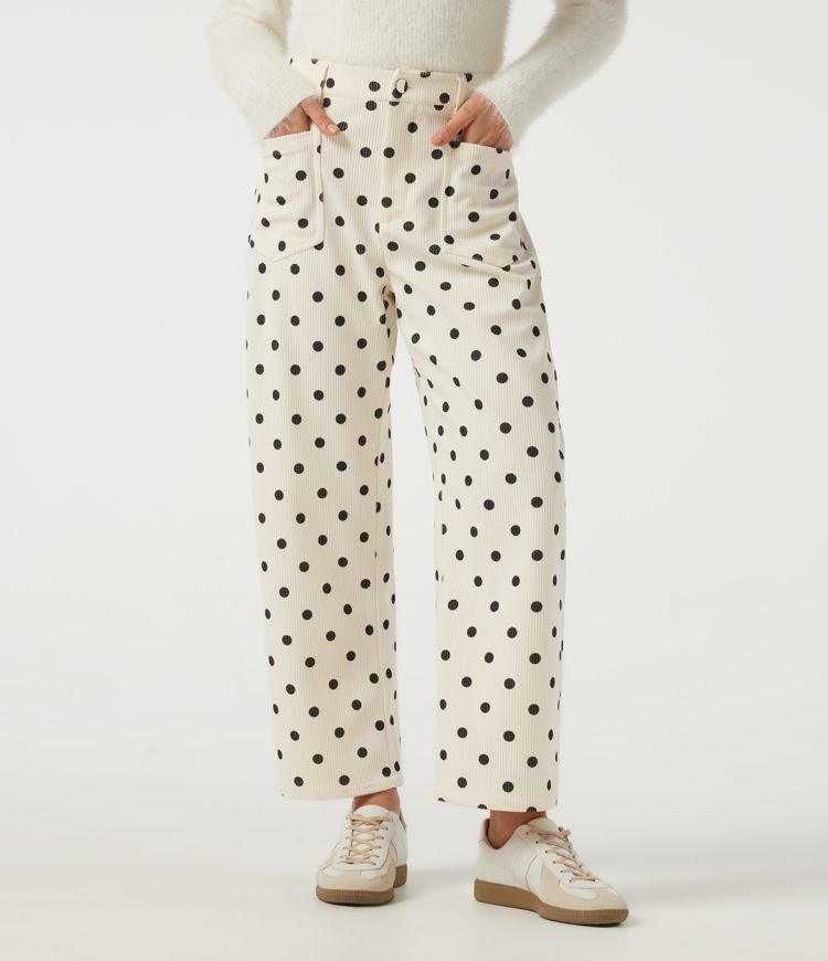 Mid Rise Barrel Leg Polka Dot Corduroy Casual Pants with Pockets Mid Rise Barrel Leg Polka Dot Corduroy Casual Pants with Pockets