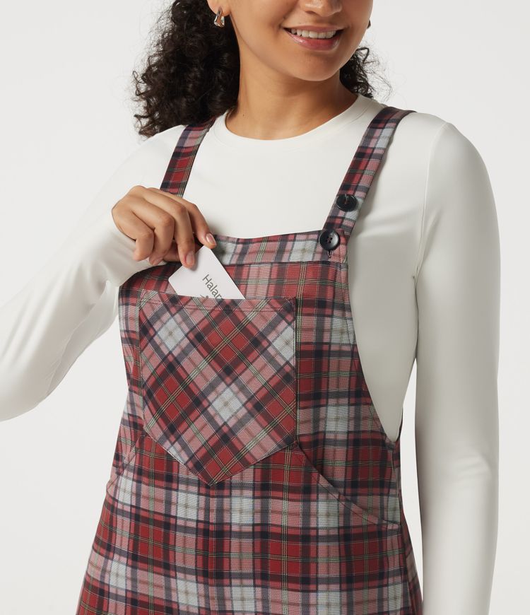 Karierter Overall mit quadratischem Ausschnitt, weitem Bein und Taschen Karierter Overall mit quadratischem Ausschnitt, weitem Bein und Taschen