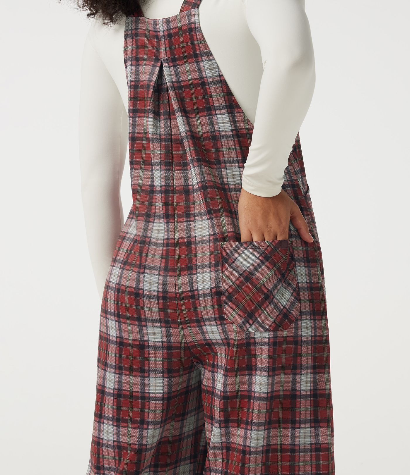 Karierter Overall mit quadratischem Ausschnitt, weitem Bein und Taschen Karierter Overall mit quadratischem Ausschnitt, weitem Bein und Taschen