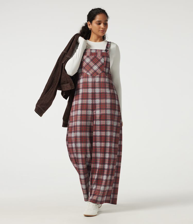 Karierter Overall mit quadratischem Ausschnitt, weitem Bein und Taschen Karierter Overall mit quadratischem Ausschnitt, weitem Bein und Taschen
