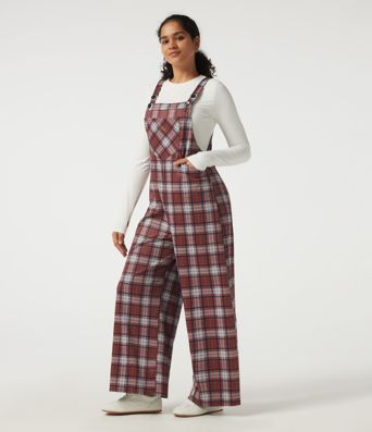Karierter Overall mit quadratischem Ausschnitt, weitem Bein und Taschen Karierter Overall mit quadratischem Ausschnitt, weitem Bein und Taschen