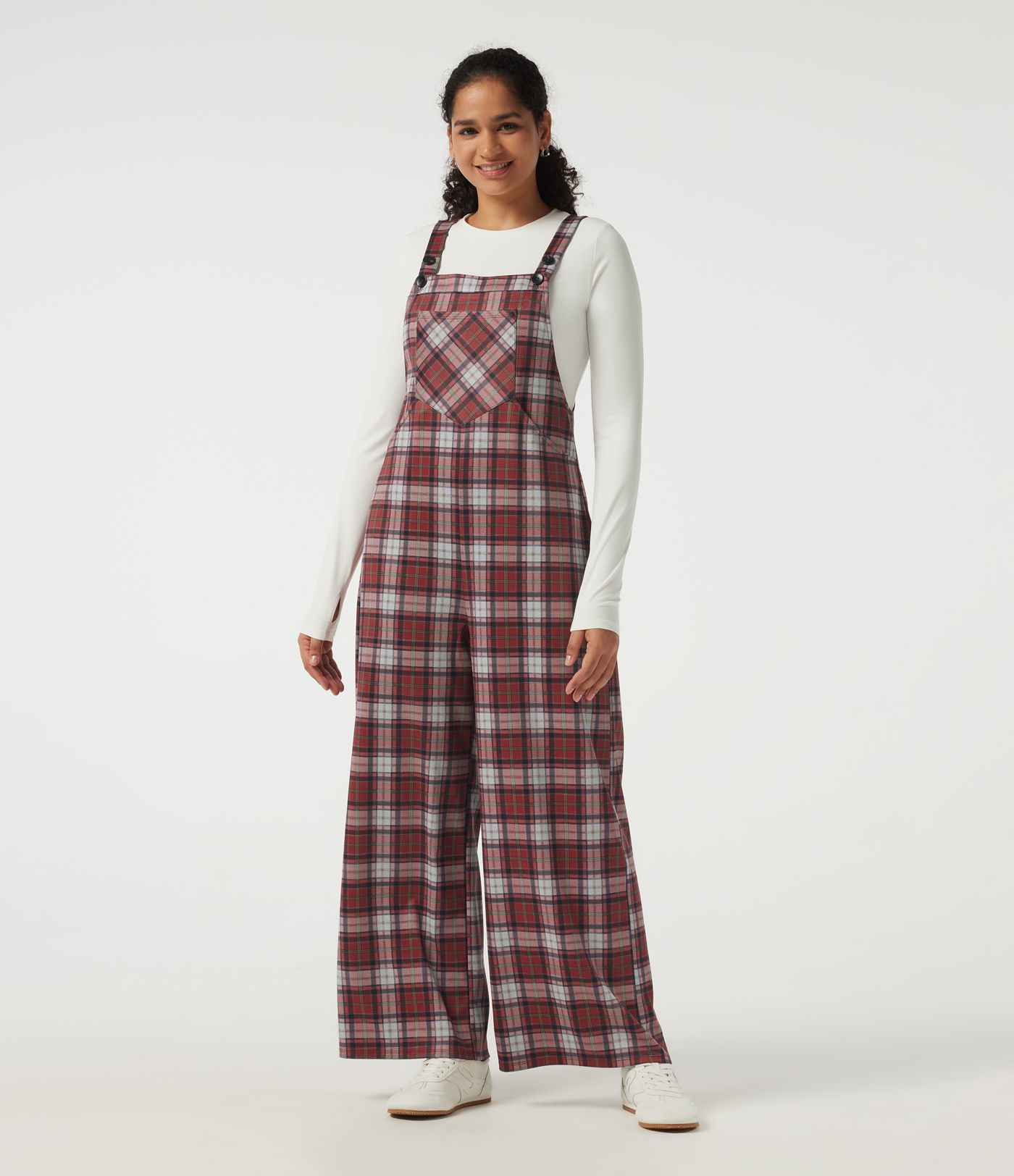 Karierter Overall mit quadratischem Ausschnitt, weitem Bein und Taschen Karierter Overall mit quadratischem Ausschnitt, weitem Bein und Taschen