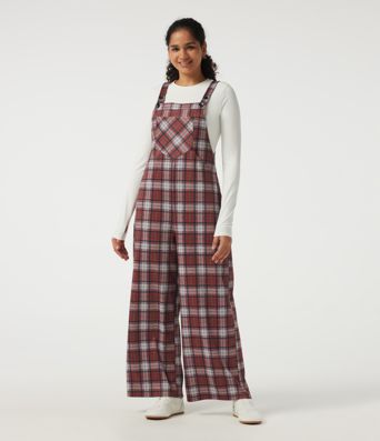 Karierter Overall mit quadratischem Ausschnitt, weitem Bein und Taschen Karierter Overall mit quadratischem Ausschnitt, weitem Bein und Taschen