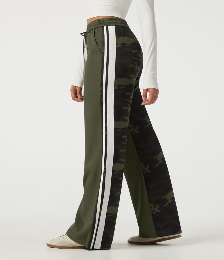 Mid Rise Drawstring Color Block Stripes Wide Leg Camo Casual Pants with Pockets