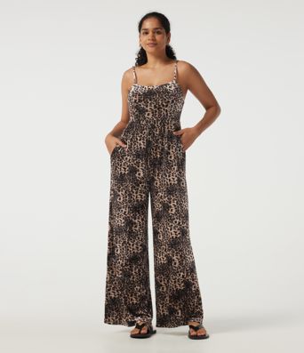 U Neck Sleeveless Leopard Print Velvet Casual Jumpsuit with Pockets