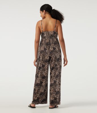 U Neck Sleeveless Leopard Print Velvet Casual Jumpsuit with Pockets