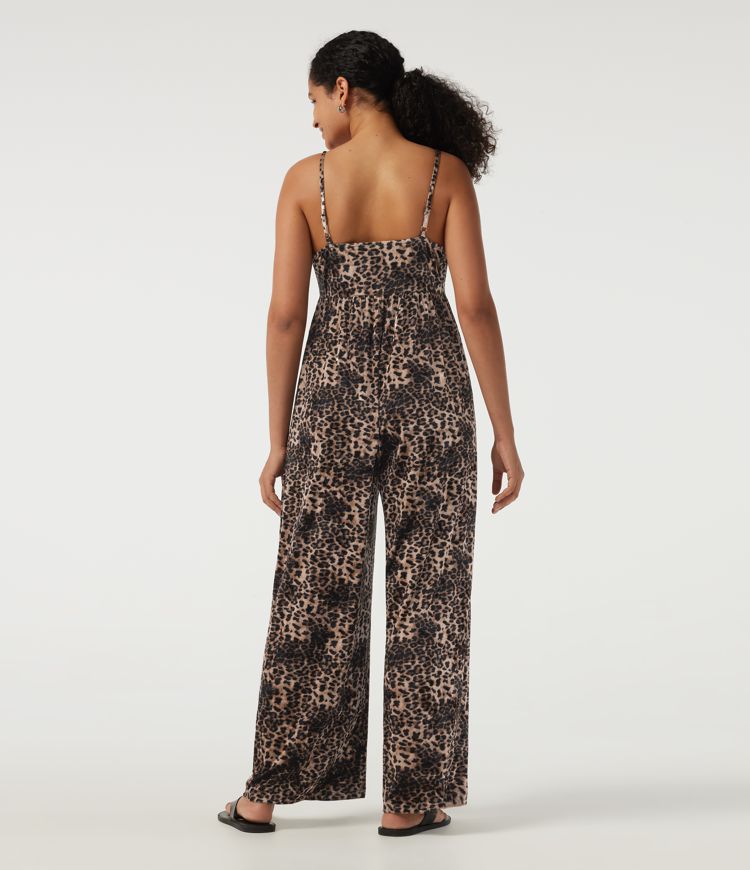 U Neck Sleeveless Leopard Print Velvet Casual Jumpsuit with Pockets