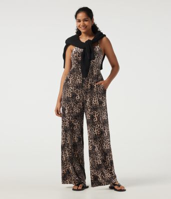 U Neck Sleeveless Leopard Print Velvet Casual Jumpsuit with Pockets