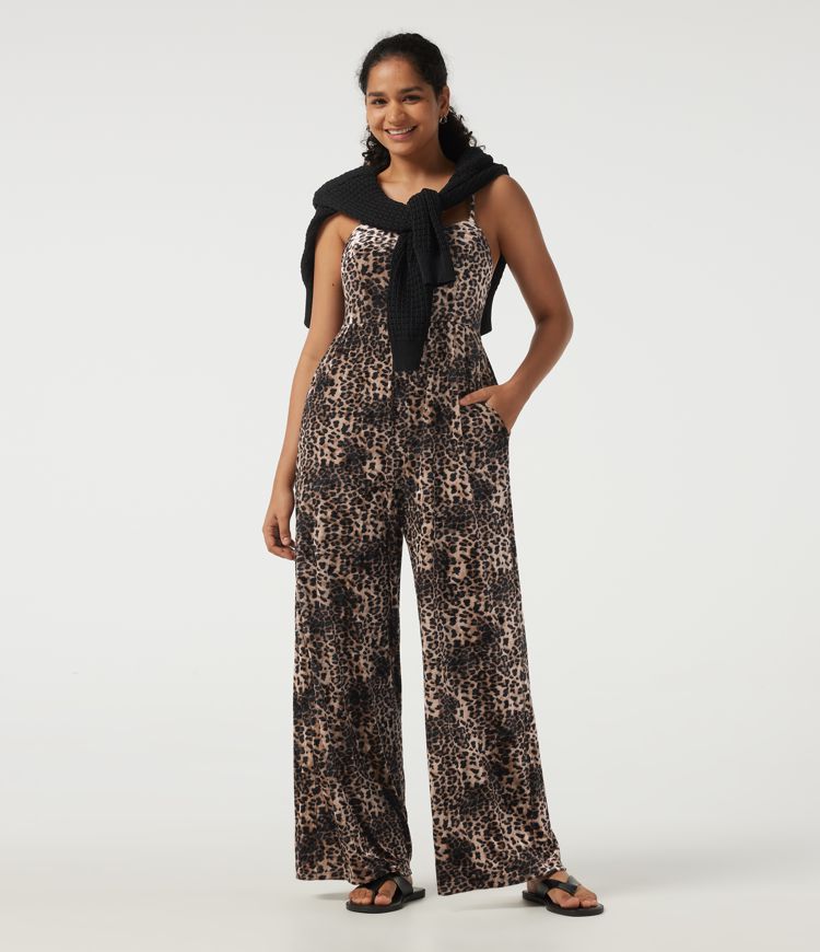 U Neck Sleeveless Leopard Print Velvet Casual Jumpsuit with Pockets