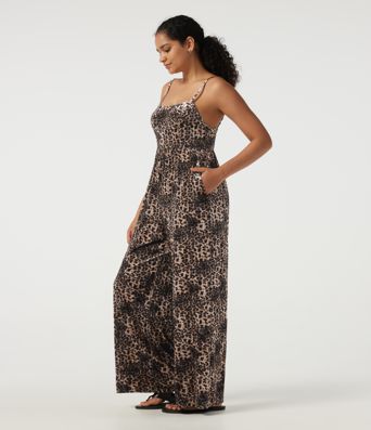 U Neck Sleeveless Leopard Print Velvet Casual Jumpsuit with Pockets