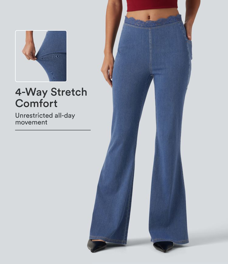 Halara Flex™ Mid Rise Flare Contrast Lace Casual Jean with Pockets Halara Flex™ Mid Rise Flare Contrast Lace Casual Jean with Pockets