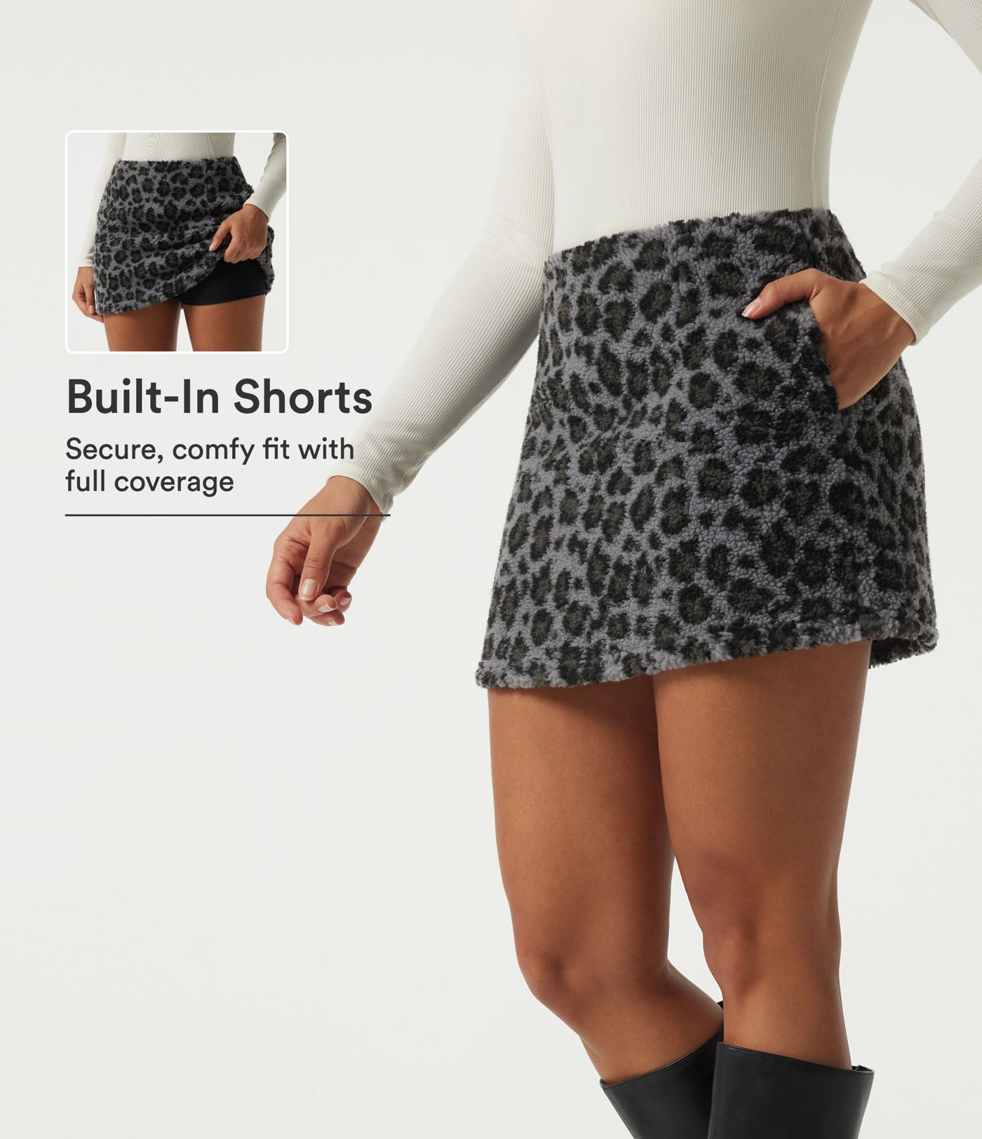 Minifalda de talle alto con estampado de leopardo, shorts incorporados y bolsillos Minifalda de talle alto con estampado de leopardo, shorts incorporados y bolsillos