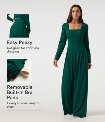 Square Neck Long Sleeve Built-in Bra Wide Leg Casual Jumpsuit with Pockets-Easy Peezy Edition