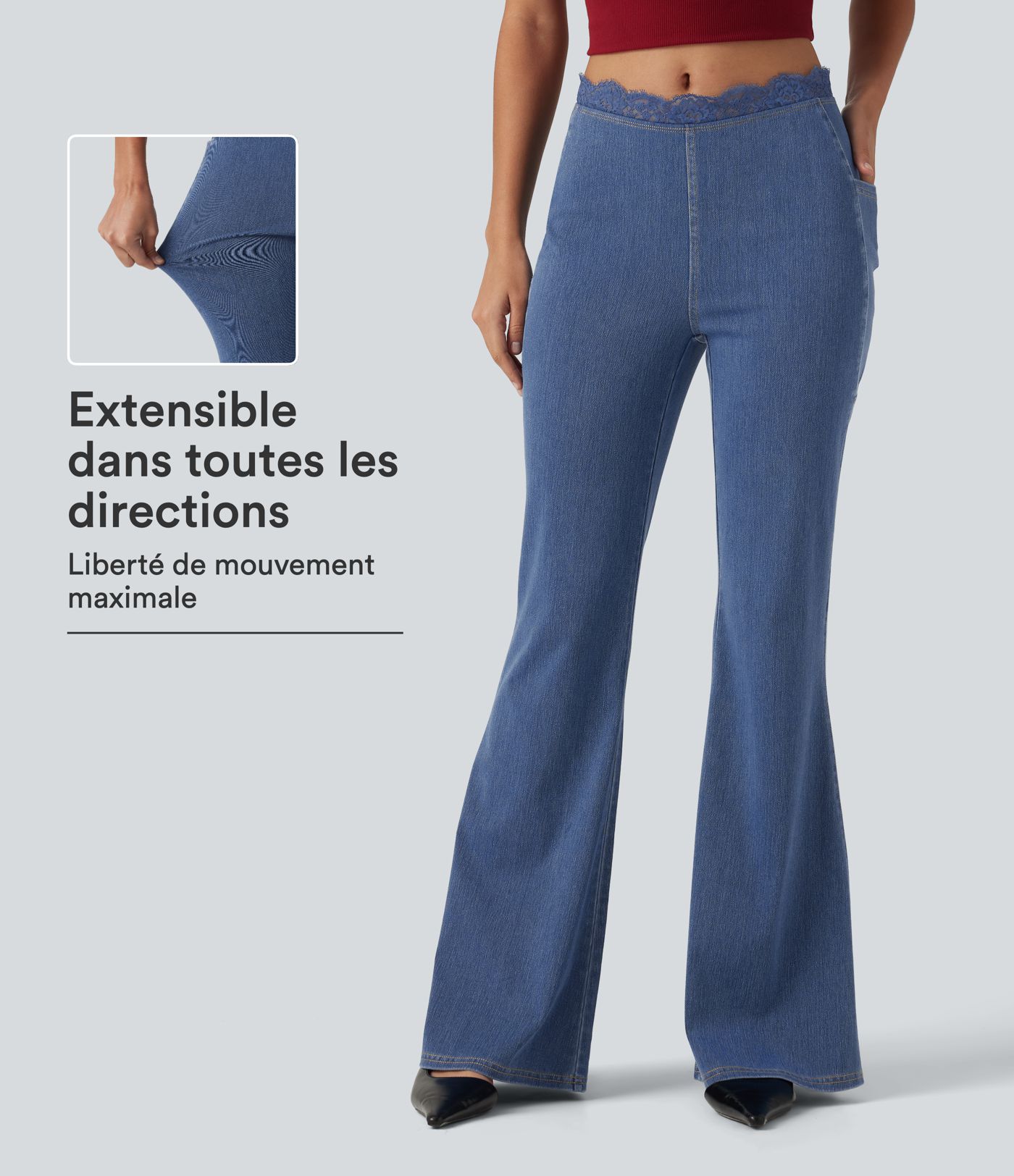 Jean flare Halara Flex™ taille mi-haute avec dentelle contrastée et poches Jean flare Halara Flex™ taille mi-haute avec dentelle contrastée et poches