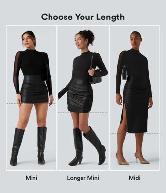 High Waisted Tummy Control Ruched Curved Hem 2-in-1 Fleece PU Mini Bodycon Party Skirt-Longer Length