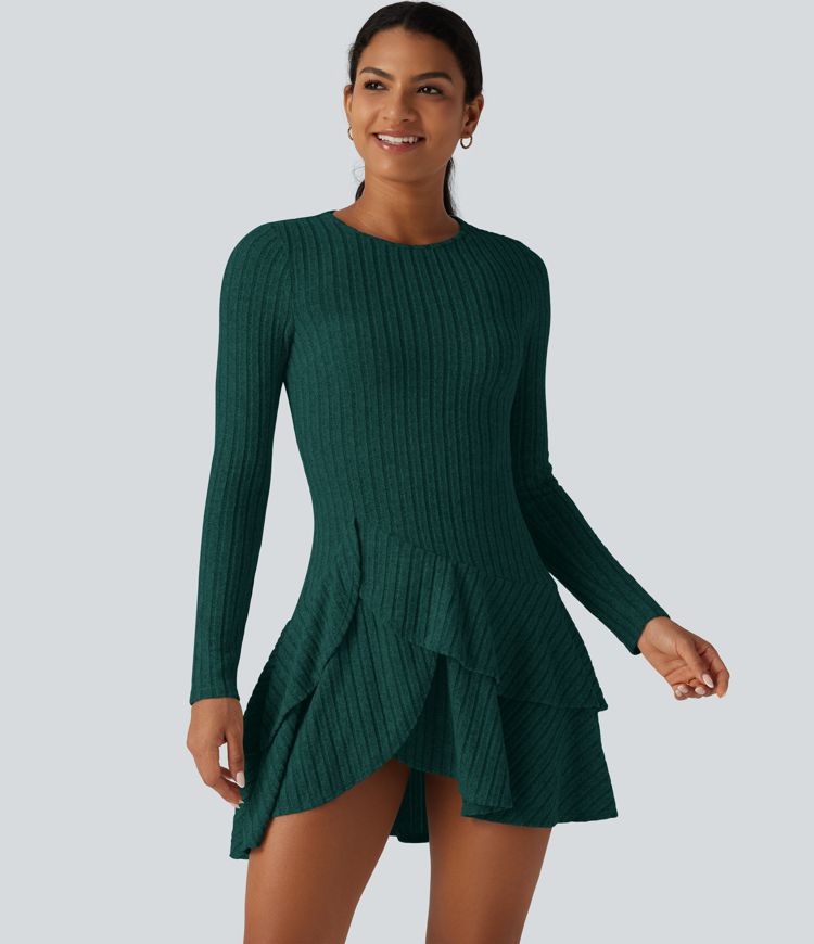 Ribbed Knit Round Neck Long Sleeve Layered Ruffle Hem Mini Casual Dress