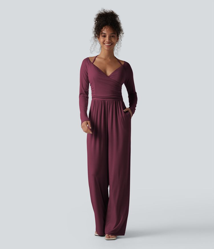 Ribbed Halter Tie Back Off Shoulder Built-in Bra Long Sleeve Casual Jumpsuit with Pockets