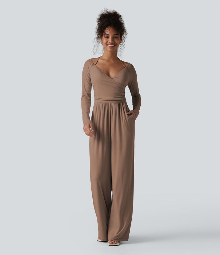 Ribbed Halter Tie Back Off Shoulder Built-in Bra Long Sleeve Casual Jumpsuit with Pockets
