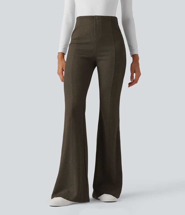 Ribbed High Waisted Tummy Control Casual Flare Trousers