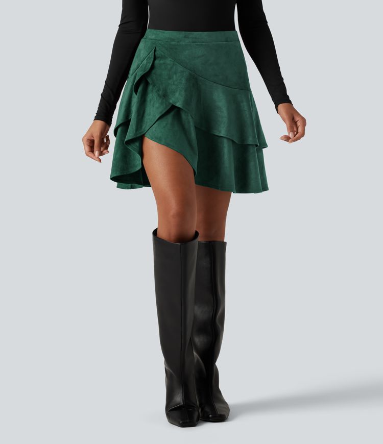 High Waisted Tiered Ruffle Hem 2-in-1 Longer Mini Suede Casual Skirt with Pocket