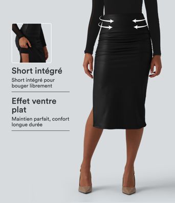 Jupe décontractée mi-longue 2-en-1 polaire tissu enduit gainante taille haute avec fronces et ourlet arrondi