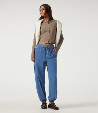 Halara Flex™ Mid Rise Drawstring Denim Casual Cotton Joggers with Pockets Halara Flex™ Mid Rise Drawstring Denim Casual Cotton Joggers with Pockets
