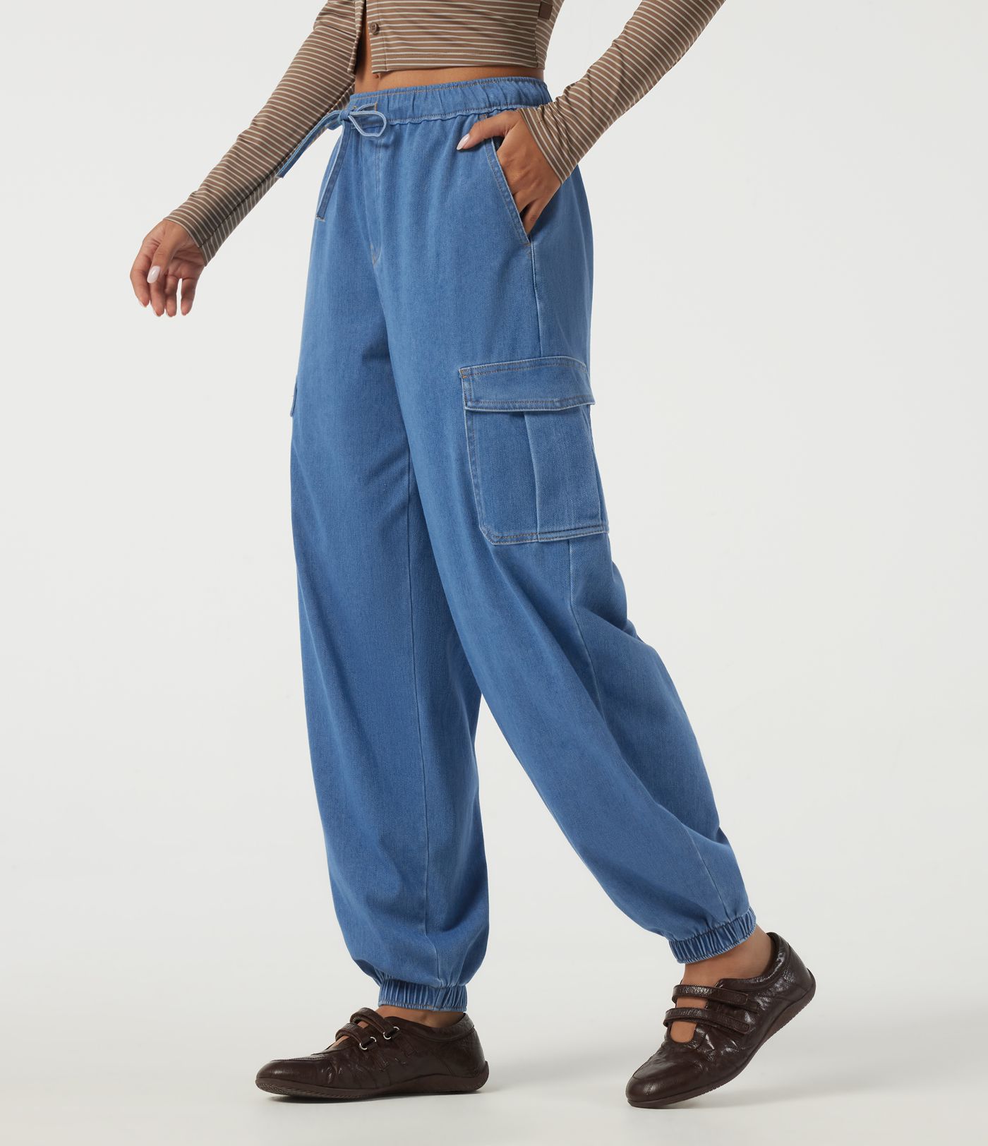 Halara Flex™ Mid Rise Drawstring Denim Casual Cotton Joggers with Pockets Halara Flex™ Mid Rise Drawstring Denim Casual Cotton Joggers with Pockets