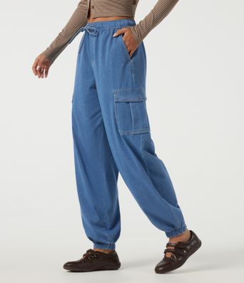 Halara Flex™ Mid Rise Drawstring Denim Casual Cotton Joggers with Pockets Halara Flex™ Mid Rise Drawstring Denim Casual Cotton Joggers with Pockets