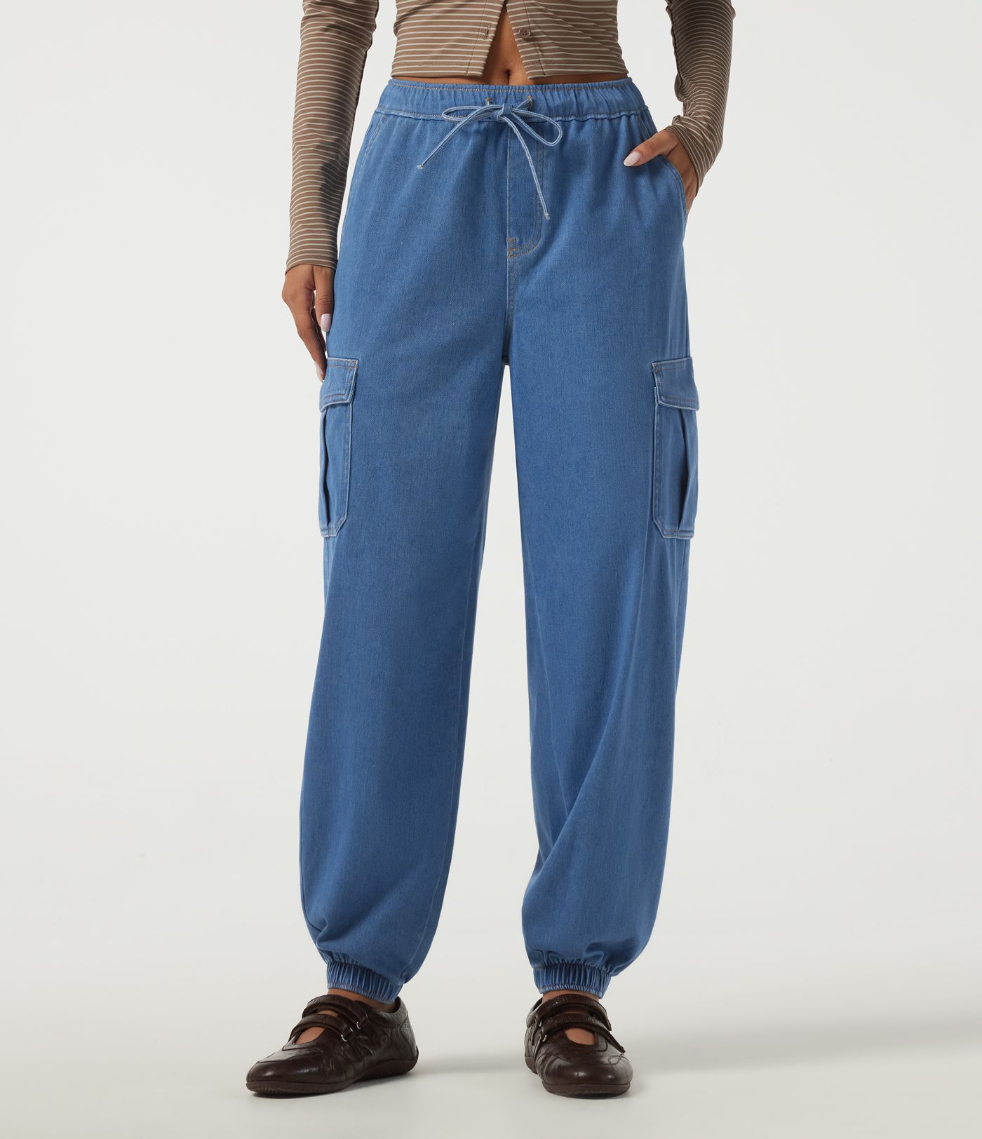 Halara Flex™ Mid Rise Drawstring Denim Casual Cotton Joggers with Pockets Halara Flex™ Mid Rise Drawstring Denim Casual Cotton Joggers with Pockets