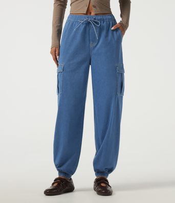 Halara Flex™ Mid Rise Drawstring Denim Casual Cotton Joggers with Pockets Halara Flex™ Mid Rise Drawstring Denim Casual Cotton Joggers with Pockets