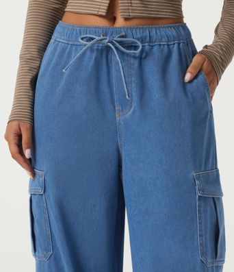 Halara Flex™ Mid Rise Drawstring Denim Casual Cotton Joggers with Pockets Halara Flex™ Mid Rise Drawstring Denim Casual Cotton Joggers with Pockets