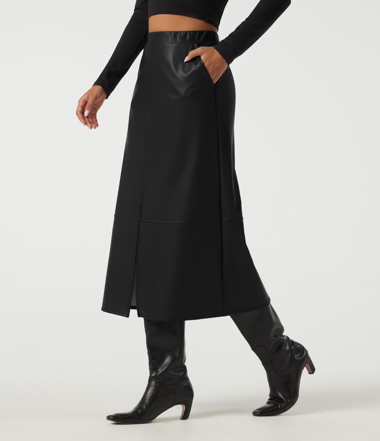 High Waisted Split Hem Fleece PU Work Pencil Midi Skirt with Pockets