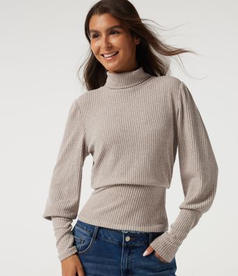 Ribbed Knit High Neck Puff Long Sleeve Ruched Casual Top