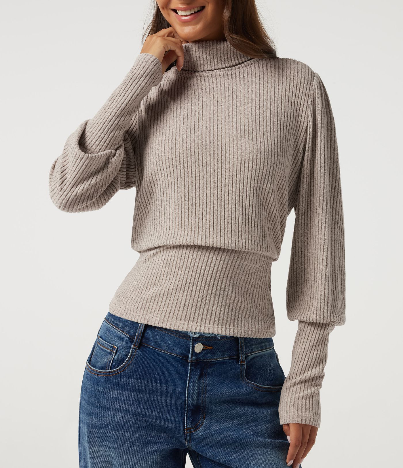 Ribbed Knit High Neck Puff Long Sleeve Ruched Casual Top
