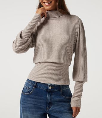 Ribbed Knit High Neck Puff Long Sleeve Ruched Casual Top