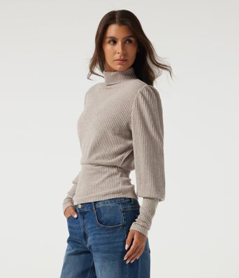 Ribbed Knit High Neck Puff Long Sleeve Ruched Casual Top