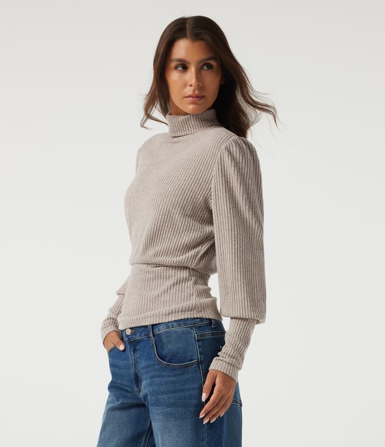 Ribbed Knit High Neck Puff Long Sleeve Ruched Casual Top