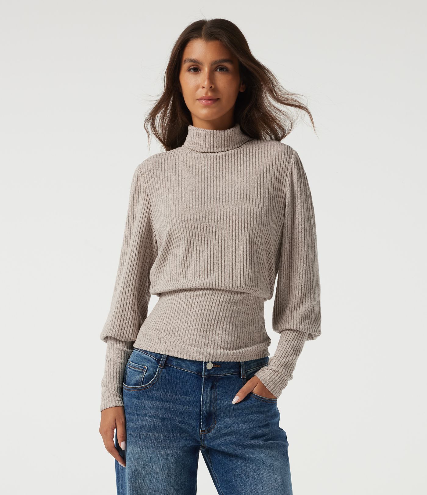 Ribbed Knit High Neck Puff Long Sleeve Ruched Casual Top