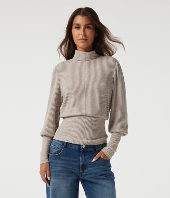 Ribbed Knit High Neck Puff Long Sleeve Ruched Casual Top