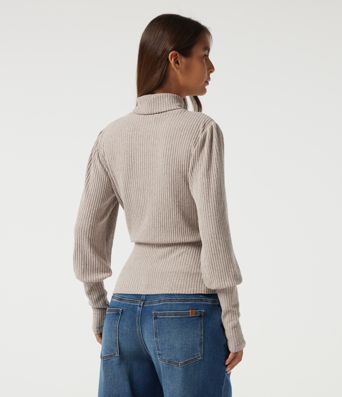 Ribbed Knit High Neck Puff Long Sleeve Ruched Casual Top