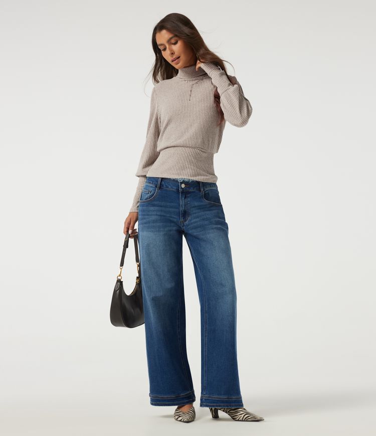 Ribbed Knit High Neck Puff Long Sleeve Ruched Casual Top