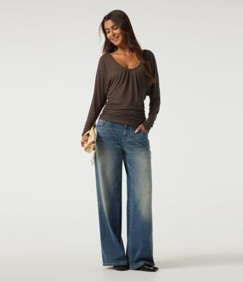 Scoop Neck Batwing Long Sleeve Slim Ruched Casual Top Scoop Neck Batwing Long Sleeve Slim Ruched Casual Top
