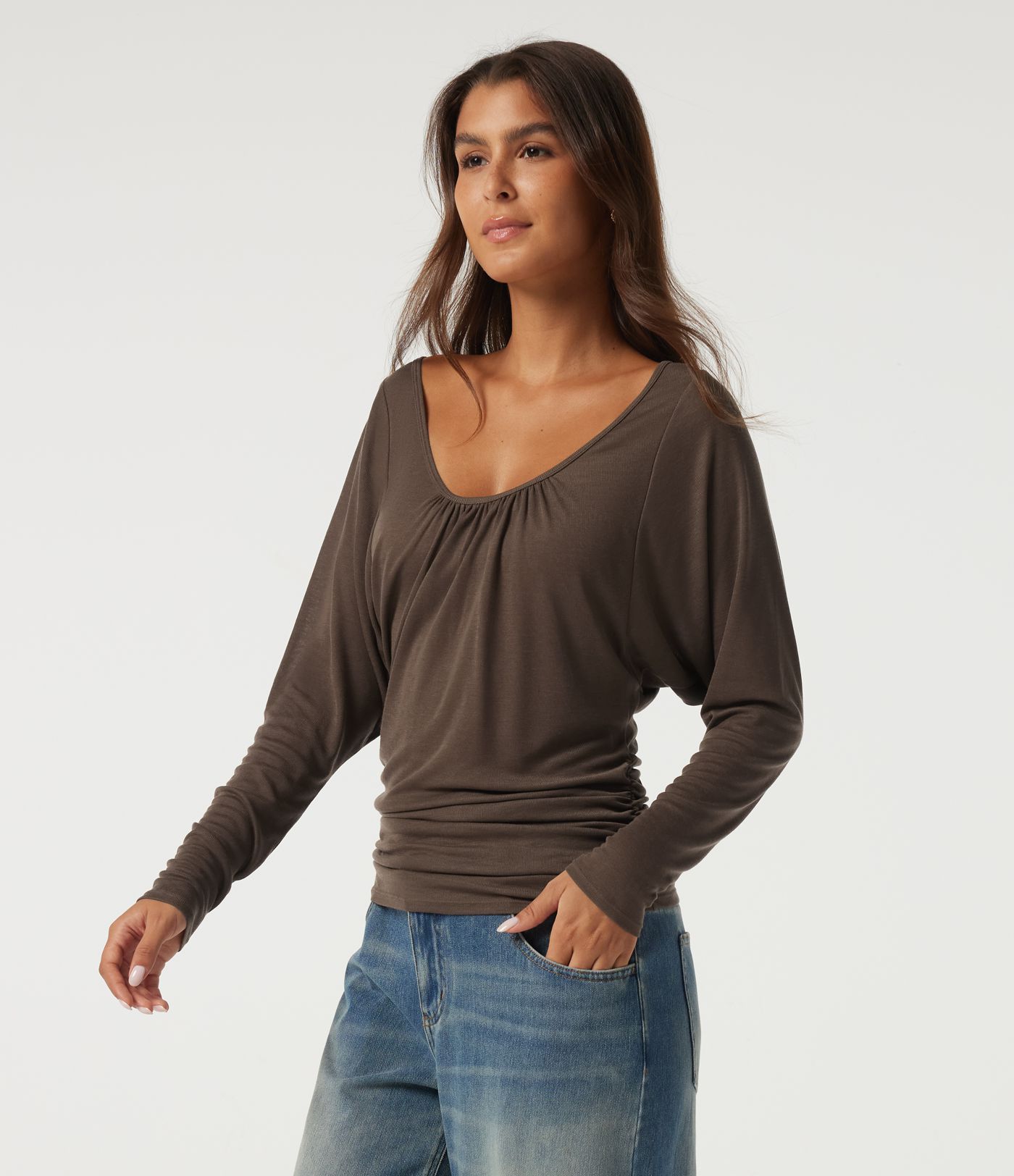 Scoop Neck Batwing Long Sleeve Slim Ruched Casual Top Scoop Neck Batwing Long Sleeve Slim Ruched Casual Top