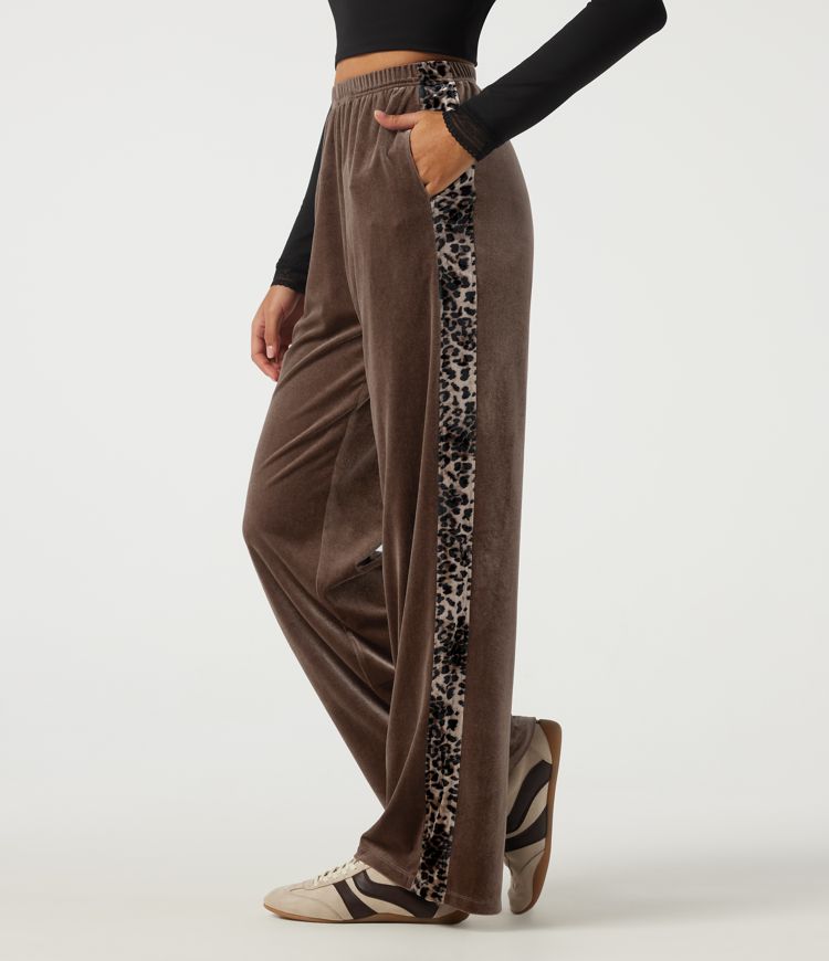 High Waisted Straight Leg Leopard Print Casual Joggers with Pockets