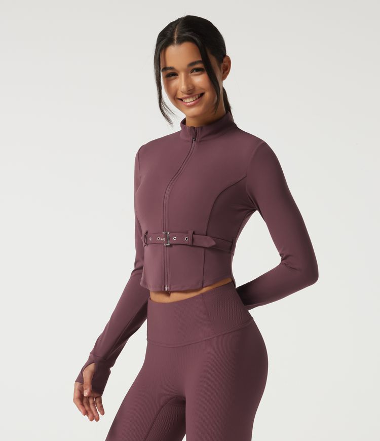 Halara UltraSculpt™ veste de yoga pour silhouettes courbes, col montant, manches longues et ceinture à boucle